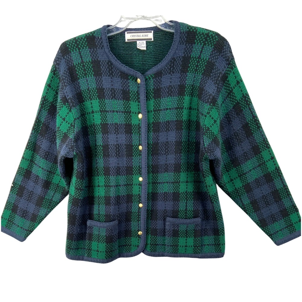 VTG Crystal Kobe Cardigan Womens Sz XL Blue Green Plaid Button‎ Front Sweater
